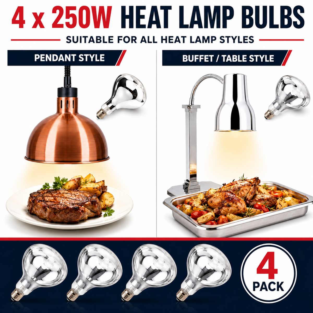 250W E27 Heat Bulb Food Service Catering Heat Lamp - Quartz Infrared, Warm White